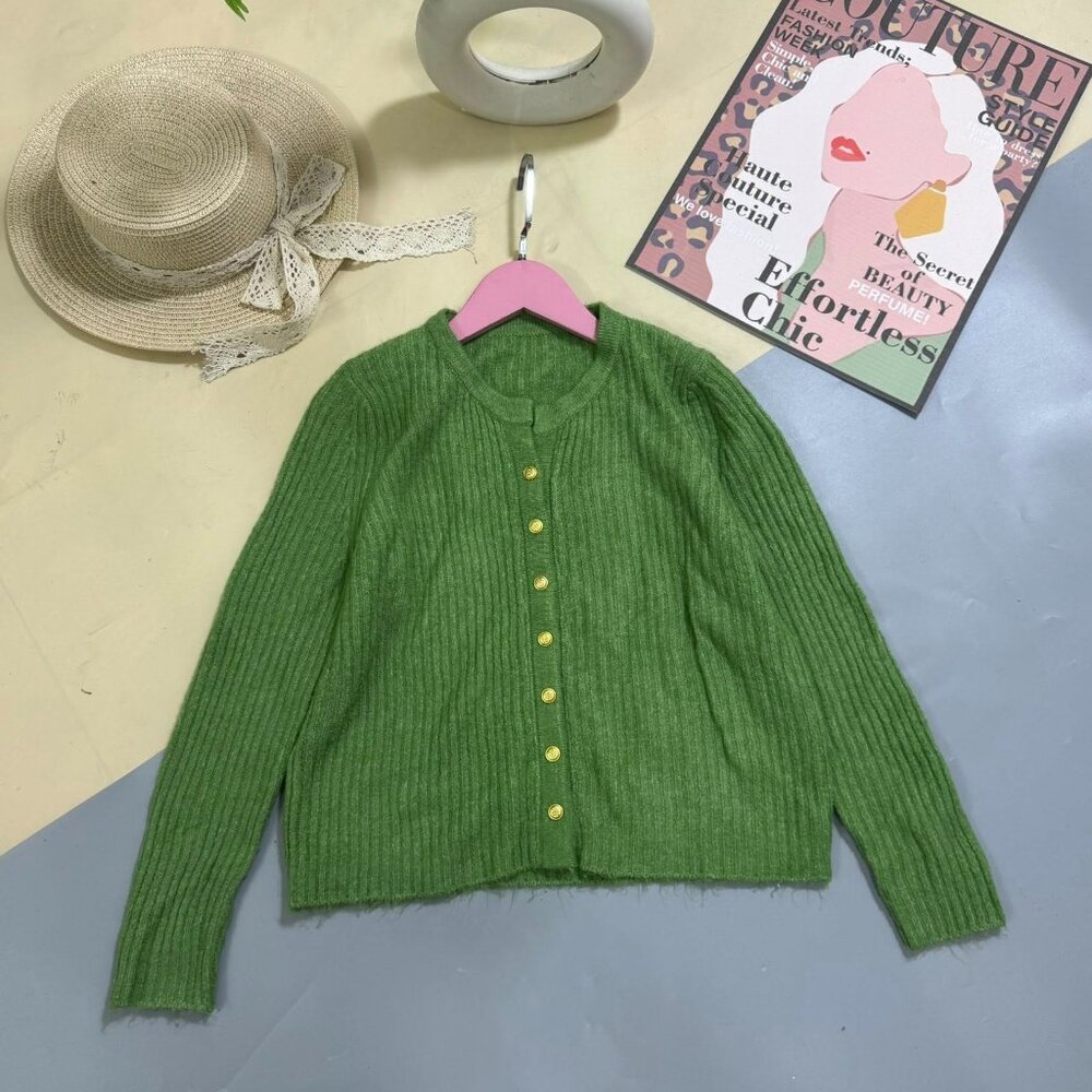 Green Ribbed Knit Cardigan Gold Button Crop Chic Soft 💚